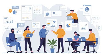 Collaborative teamwork and data analysis in a modern office setting illustration