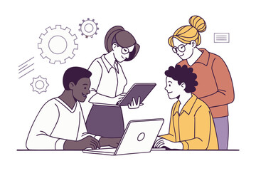 Diverse team collaborates effectively using technology and sharing ideas around a laptop and tablet symbolizing innovation and teamwork