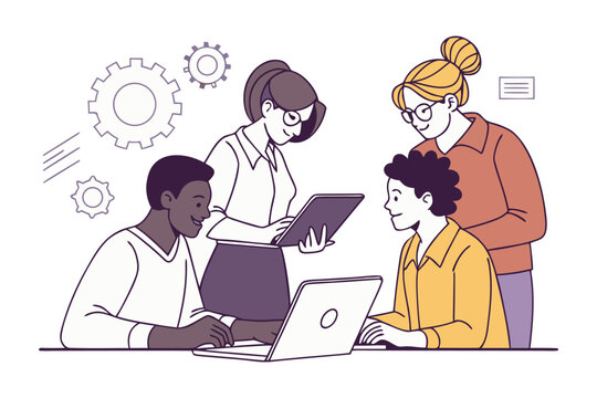 Diverse team collaborates effectively using technology and sharing ideas around a laptop and tablet symbolizing innovation and teamwork