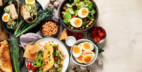 Breakfast food concept. Various ways of cooking chicken eggs.