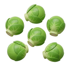 Six vibrant green Brussels sprouts arranged against a clean white background.