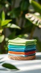 Colorful Folded Clothes on Wooden Tray with Leafy Background