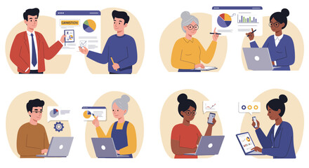 Diverse professionals collaborating on data analysis and presentation with technology tools