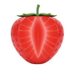 A digitally rendered, halved strawberry, showcasing its internal structure and seeds.