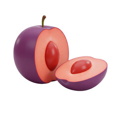 A sliced plum reveals its interior with a visible seed, isolated on white.