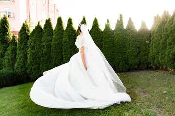 Bride in flowing white wedding gown, back view. She stands on a grassy lawn before a hedge.