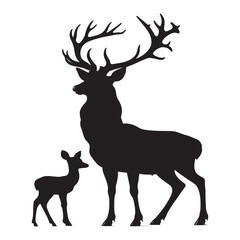 Majestic stag and fawn standing together in a classic black silhouette