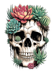 Obraz premium Skull adorned with vibrant succulents and cacti in a botanical arrangement