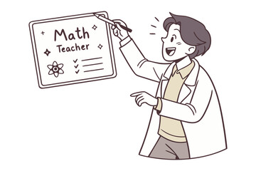 Enthusiastic male math teacher holding a stylus points to a whiteboard with math teacher and scientific symbols