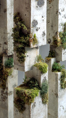 Fototapeta premium Concrete & Moss: Verdant moss clings to weathered concrete blocks, in an architectural display, highlighting nature's tenacity in urban setting.
