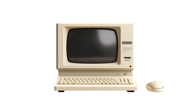 Vintage computer and mouse on black backdrop evokes nostalgic technology era