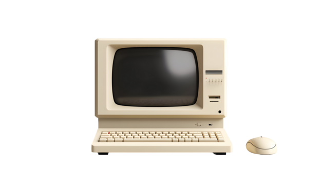 Vintage computer and mouse on black backdrop evokes nostalgic technology era