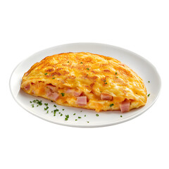 Delicious ham and cheese omelette on a white plate against a black background