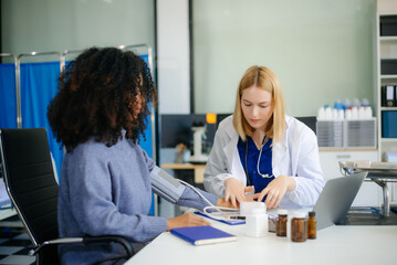 Professional healthcare scene featuring a doctor performing a patient checkup in a clinical setting