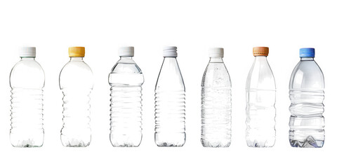 Collection of seven plastic water bottles with different colored caps isolated on transparent background