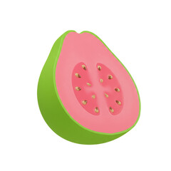 A vibrant, stylized illustration of a guava fruit half, showcasing its pink flesh and green skin.
