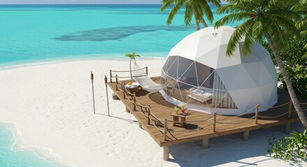 Obraz premium Aerial view of a geodesic dome on a sandy beach with turquoise water and palm trees around it