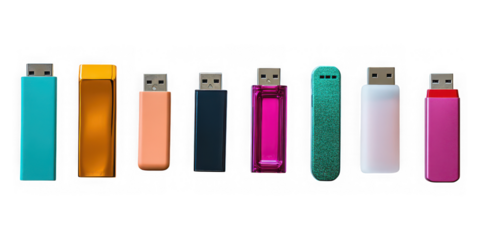 Collection of colorful usb flash drives arranged in a row isolated on transparent background