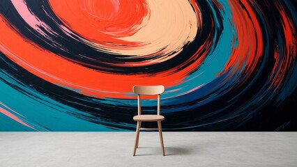 Minimal wooden chair placed in front of a vibrant abstract wall mural with swirling red, blue, and beige brushstrokes
