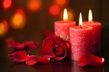 A close-up shot features a deep red rose and three lit red candles. Scattered rose petals and a soft bokeh background of warm lights create a romantic and intimate atmosphere.