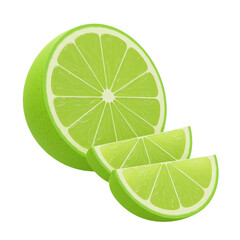 A whole lime and three slices, vibrant green, showcasing juicy citrus segments.