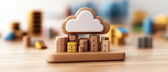 Miniature cloud storage model with wooden buildings and data blocks representing cloud computing concept