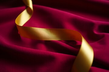 A close-up shot highlights the rich texture of deep red velvet fabric, enhanced by the shimmering presence of a golden ribbon. The interplay of light and shadow adds depth.