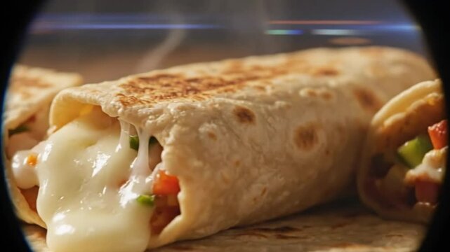Delicious Melted Cheese Burrito: Close-Up Food Shot of Steaming, Tasty Mexican Cuisine slow moving b roll footage, slow moving food vidoes