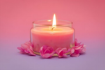 A beautifully lit pink candle sits in a clear glass jar, surrounded by scattered pink flower petals. The background transitions from a soft pink to a light purple.