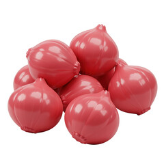 A cluster of vibrant, pink onion-shaped objects arranged against a white background.