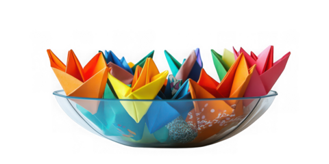 Bowl filled with colorful origami boats isolated on transparent background