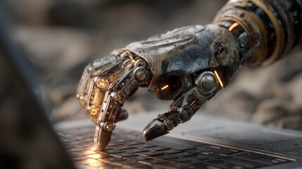 Futuristic robotic hand typing on a keyboard, technological integration