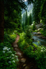 Obraz premium Enchanted Mountain Trail: A Serene Journey through Lush Forests and Crystal Streams