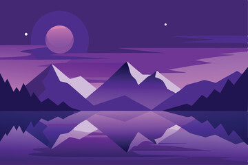 Purple Mountain Lake Night Landscape Minimalist Vector Illustration