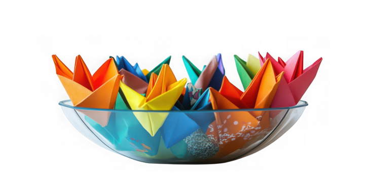 Bowl filled with colorful origami boats isolated on transparent background