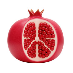 A halved pomegranate fruit, revealing its juicy red arils, set against a clean white background.