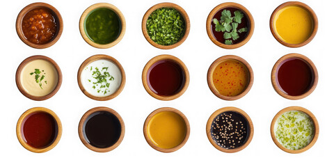 Collection of fifteen assorted sauces and dips in wooden bowls isolated on transparent background