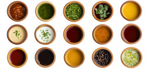 Collection of fifteen assorted sauces and dips in wooden bowls isolated on transparent background