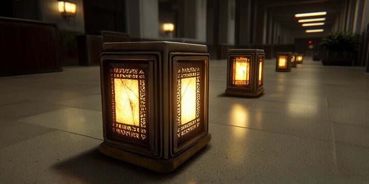 Illuminated Stone Lanterns Line a Hallway Floor creating a warm inviting atmosphere