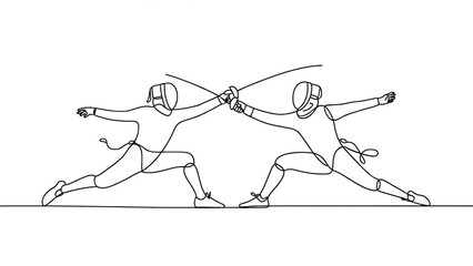 Two fencers engaged in a duel captured in a minimalist line drawing