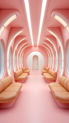 Obraz premium A futuristic pink interior design features a long corridor with curved walls and soft peachcolored seating, creating a calming and stylish atmosphere