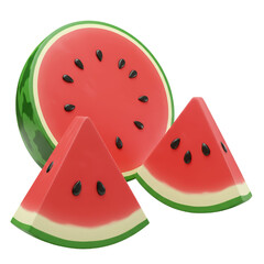 Three slices of watermelon, one whole, arranged on a white background.