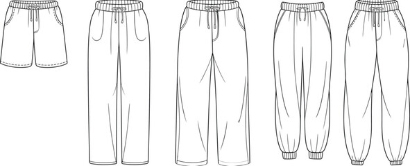 Sweatpants Jogger Pants and Shorts Collection CAD Technical Flat Vector Sketch with Drawstring Waist Pocket Hem Detail Fashion Garment Template Illustration