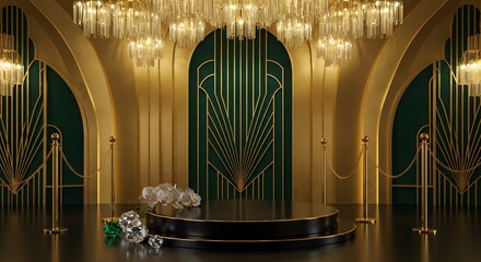 Elegant interior with golden accents and emerald green details, featuring a platform stage and sparkling chandeliers for events.