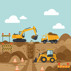 Construction site with excavators, trucks, and safety measures.