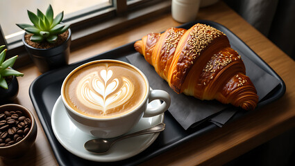 A delightful breakfast scene unfolds with a steaming cup of latte art coffee alongside a goldenbrown croissant on a wooden tray near a window