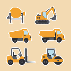 Various yellow construction vehicles and equipment arranged on a neutral background.