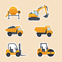 Illustration of construction vehicles: mixer, excavator, dump trucks, forklift, and roller on a beige background.