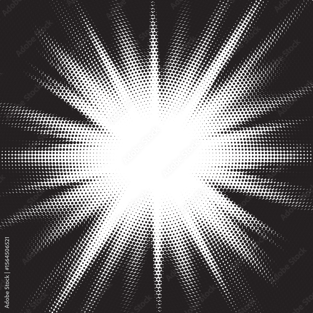 Poster Halftone gradient sun rays pattern. Abstract halftone vector dots background. monochrome dots pattern. Vector background in comic book style with sunburst rays and halftone. Retro pop art design.