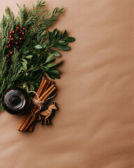 Minimalist Christmas flat lay with natural textures and warm decor
